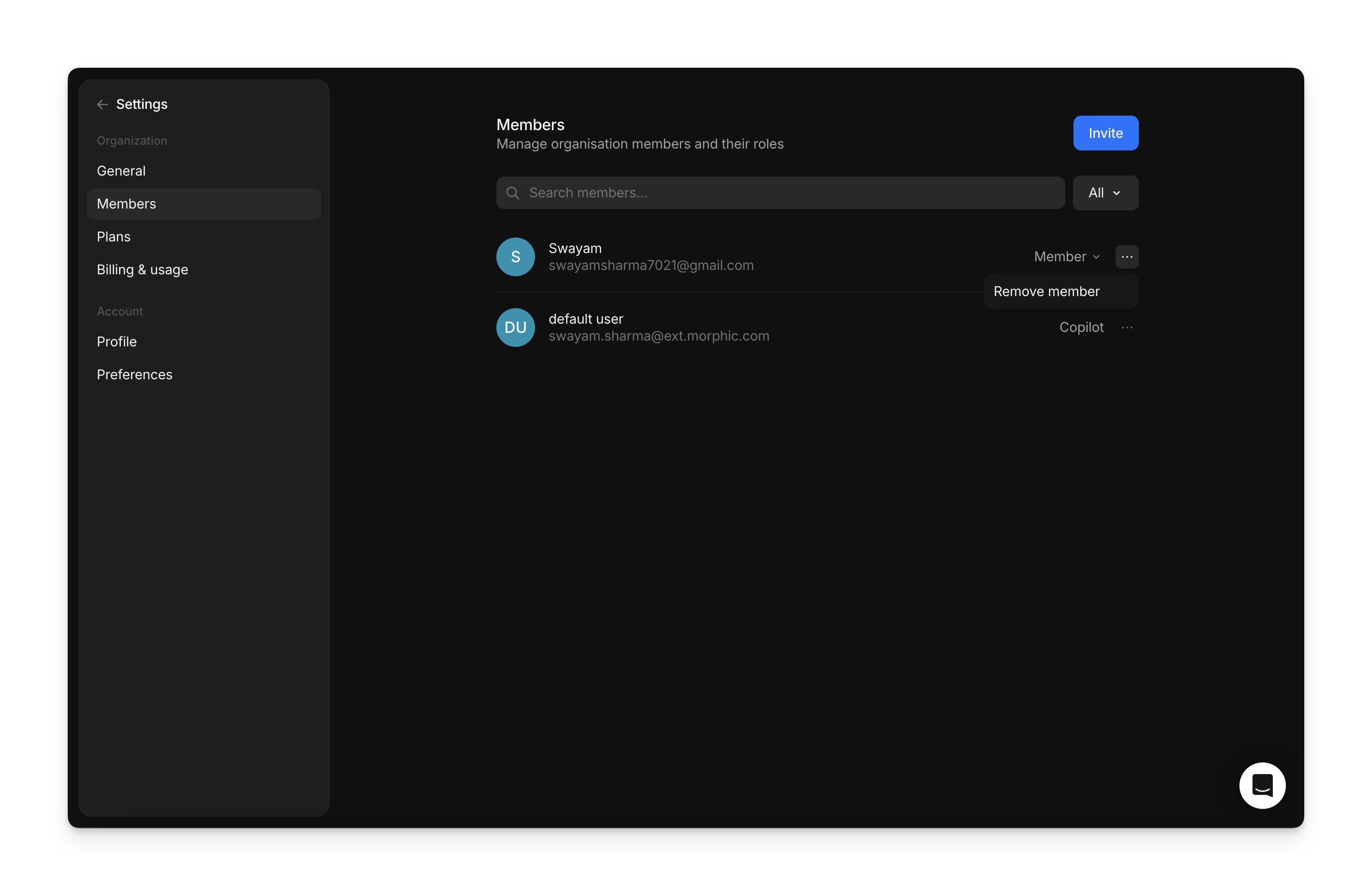 Member options menu